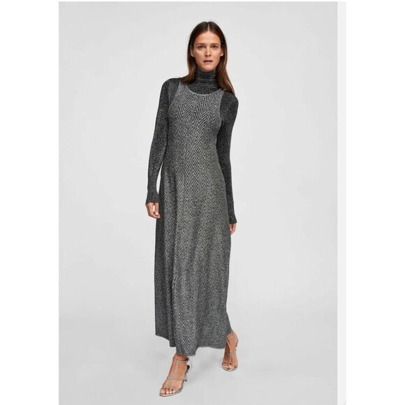 ZARA Long knit Silver Metallic Halter Dress JACQUARD large - Picture 1 of 8